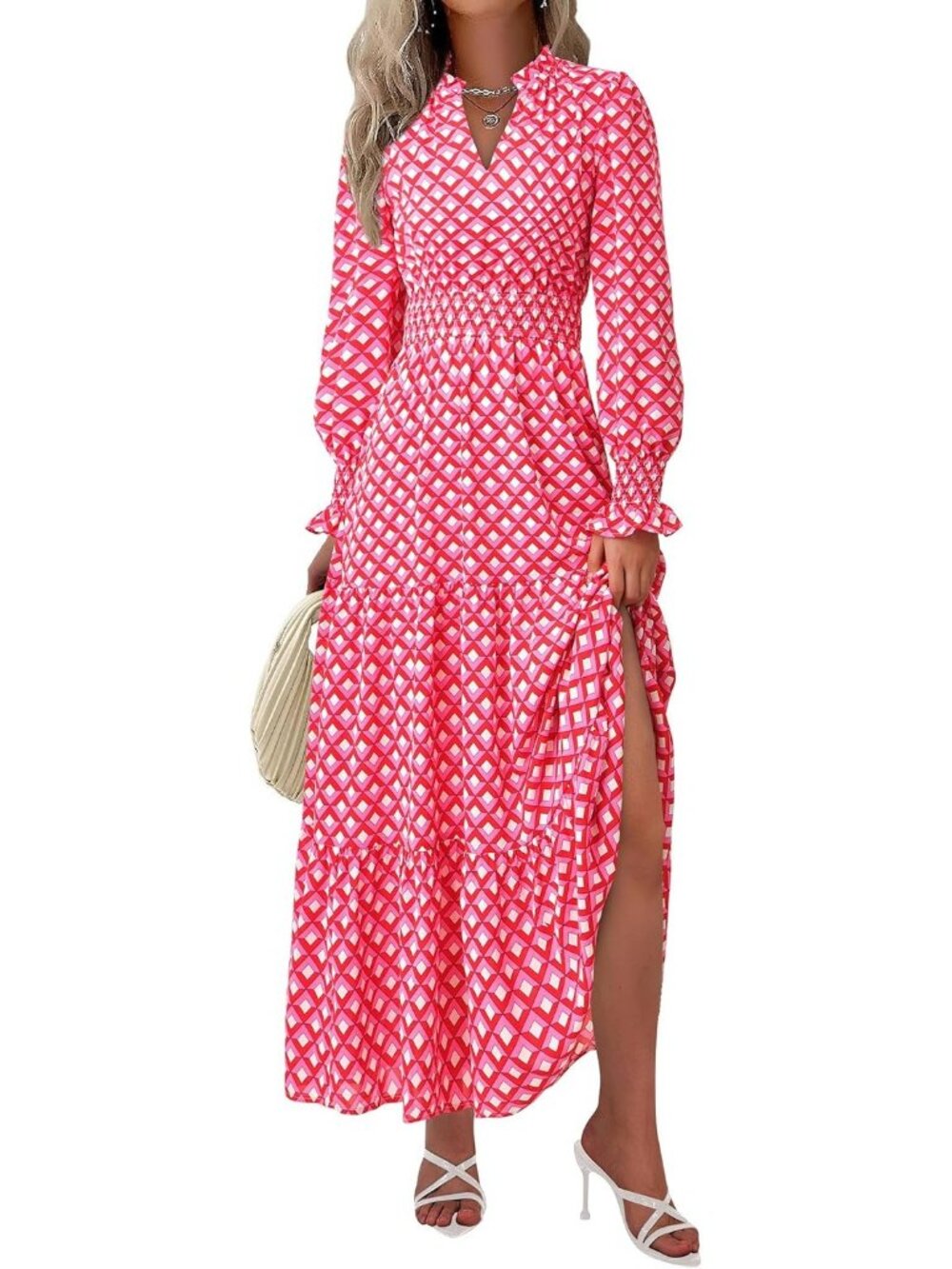 Prettygarden Women's Floral Pink Sleeve V Neck A Line Flowy Maxi Long Dress